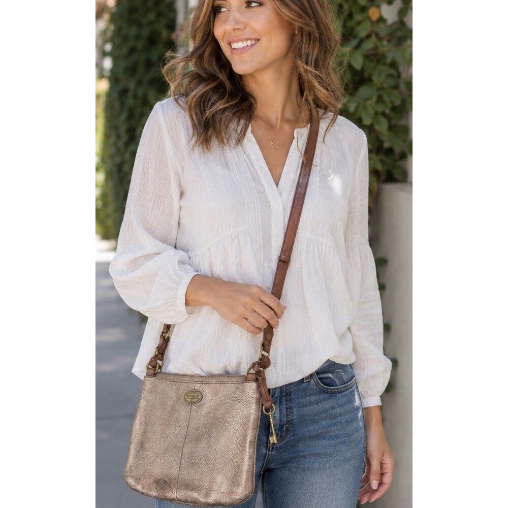 Fossil Explorer Crossbody Bag Pewter Pale GoldMetallic Rugged Leather Purse READ